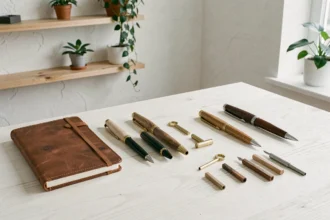 Bureau minimaliste avec des stylos artisanaux en bois et métal, carnets en cuir et outils de fabrication dans un atelier scandinave moderne