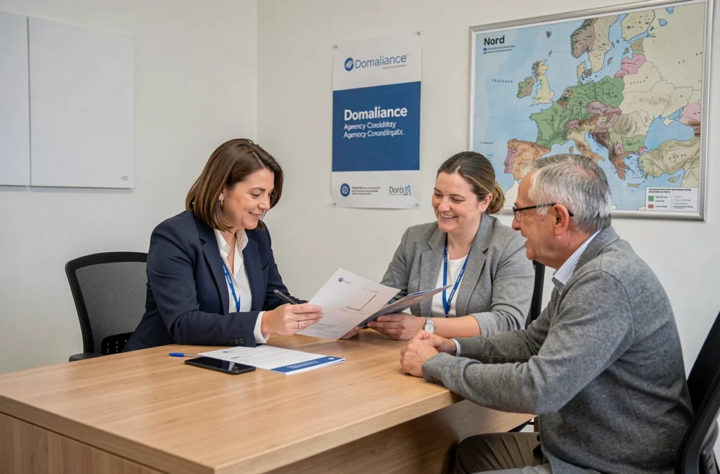 Conseillère Domaliance en réunion avec des clients dans une agence du Nord pour présenter les services du réseau national