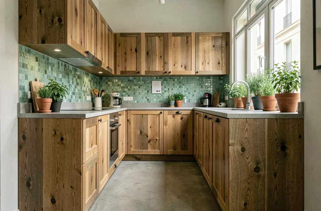 Ecocuisine Marseille avec meubles en chêne recyclé, crédence en mosaïque de verre et plan de travail composite gris