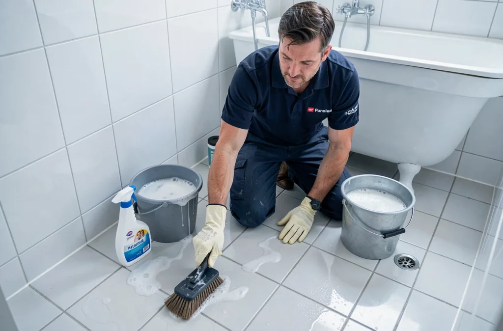 Agent de nettoyage intensif en train de récurer un carrelage de salle de bain lors d'une remise en état pour Isidoor Propreté dans le Nord