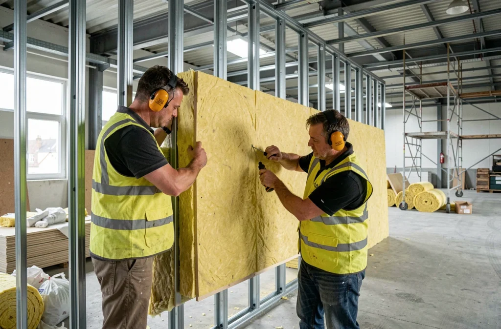 Deux ouvriers d'Isolbat installant des panneaux d'isolation acoustique dans un bâtiment en construction à Rennes