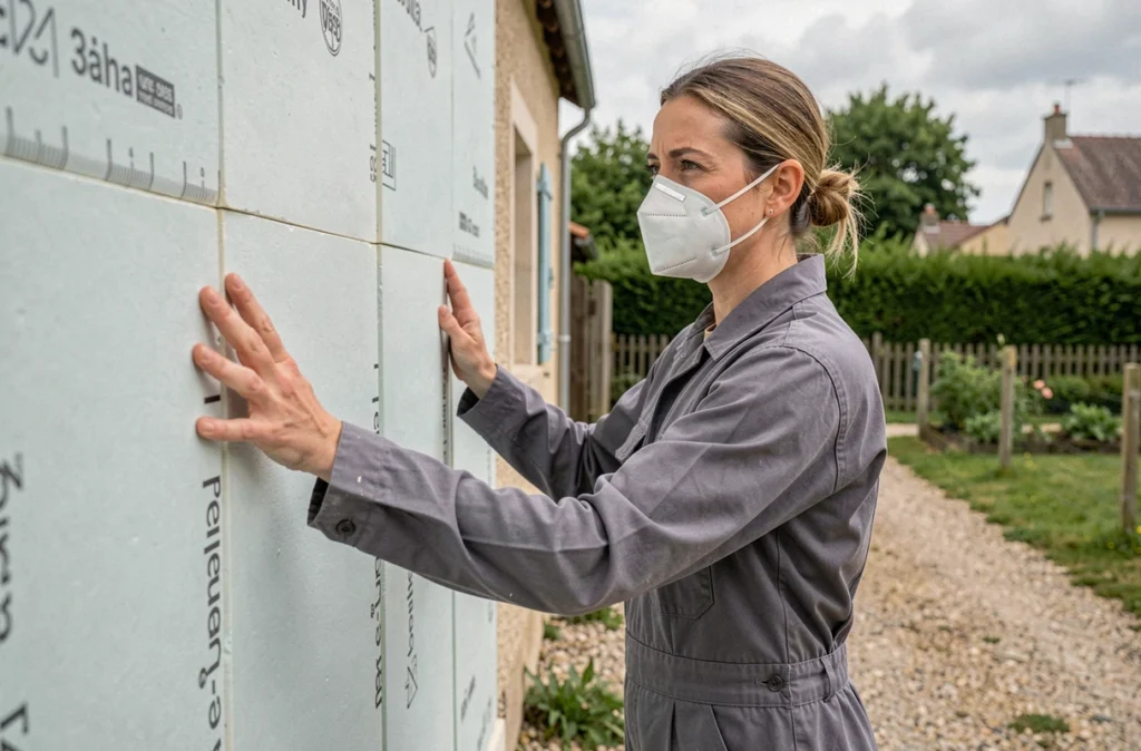 Spécialiste de MCA Isolation posant des panneaux isolants sur une maison à Bain-de-Bretagne