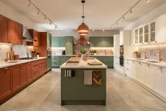 Vue d'ensemble d'un showroom de cuisinistes en Provence-Alpes-Côte d'Azur avec plusieurs modèles exposés