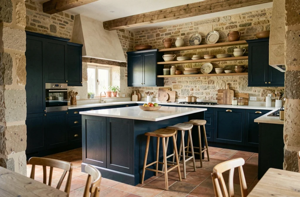 Cuisine sur mesure Ôcourant avec meubles bleu marine et quincaillerie en laiton dans une maison provençale en pierre