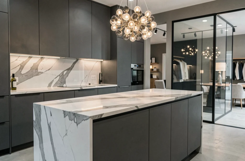 Cuisine design Perene Nice en matte anthracite avec plan de travail en marbre Calacatta et rack à vin intégré