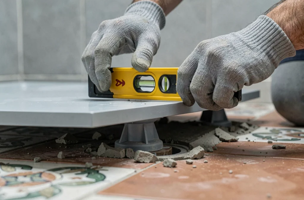 Réglage des pieds de nivellement d'un receveur de douche extra plat sur un ancien sol de salle de bain en rénovation