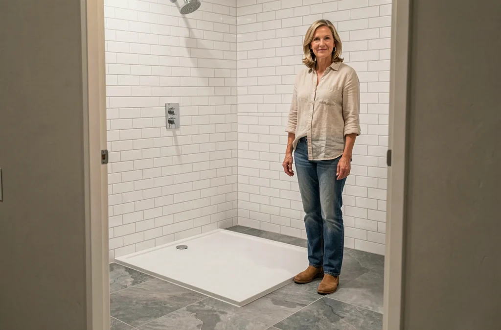 Salle de bain rénovée avec receveur de douche extra plat encastré au niveau du carrelage gris, résultat final de la pose