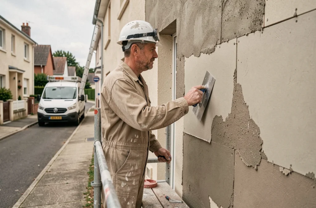 Artisan de SAPM appliquant un enduit de ravalement sur l'isolation extérieure d'une maison à Saint-Grégoire
