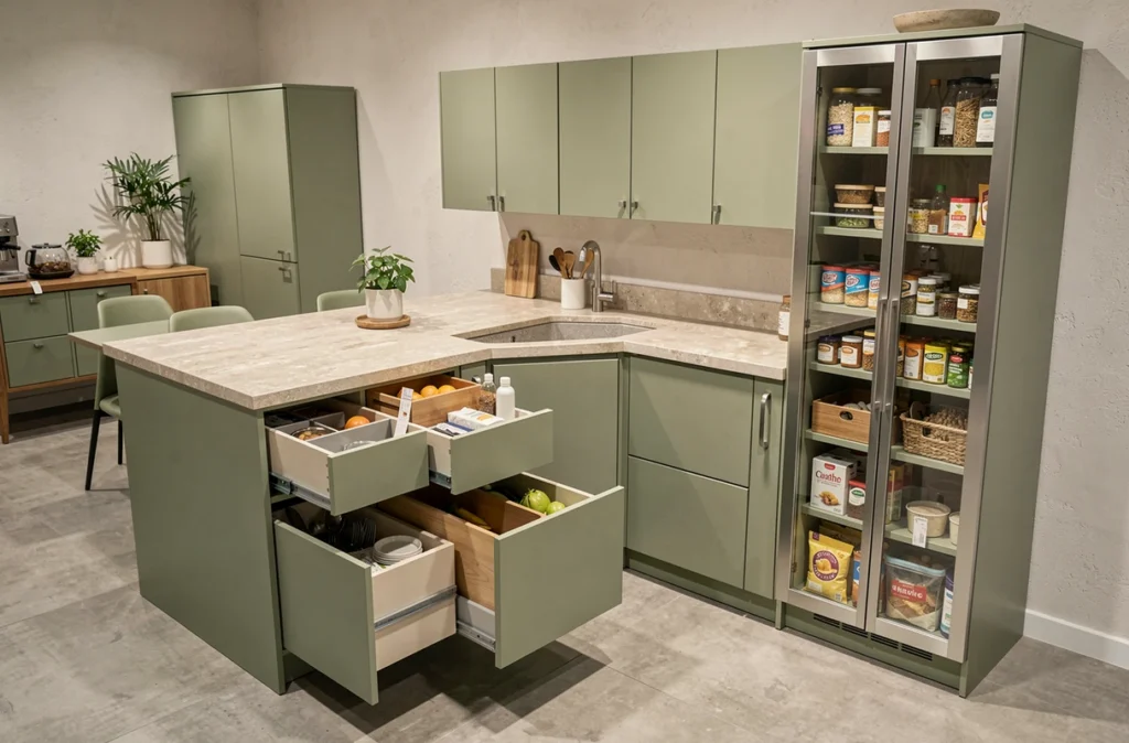 Schmidt Avignon avec cuisine modulaire vert sauge, tiroirs organisés ouverts et garde-manger vitré