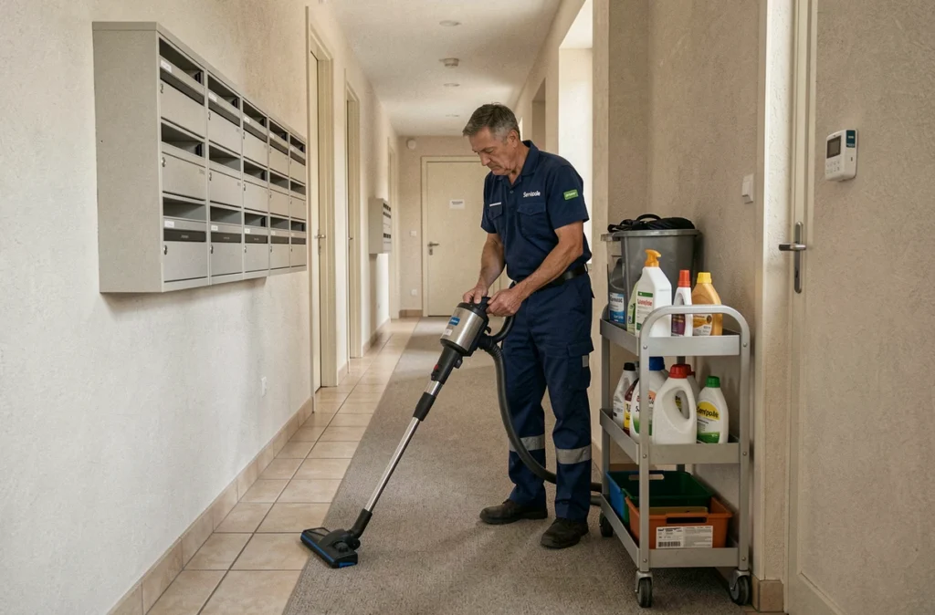 Agent d'entretien passant l'aspirateur dans le couloir d'une copropriété française pour Servipole Sarl