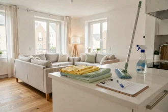 Vue grand angle d'un appartement moderne dans le Nord avec matériel de nettoyage professionnel posé sur un comptoir, ambiance soignée et organisée