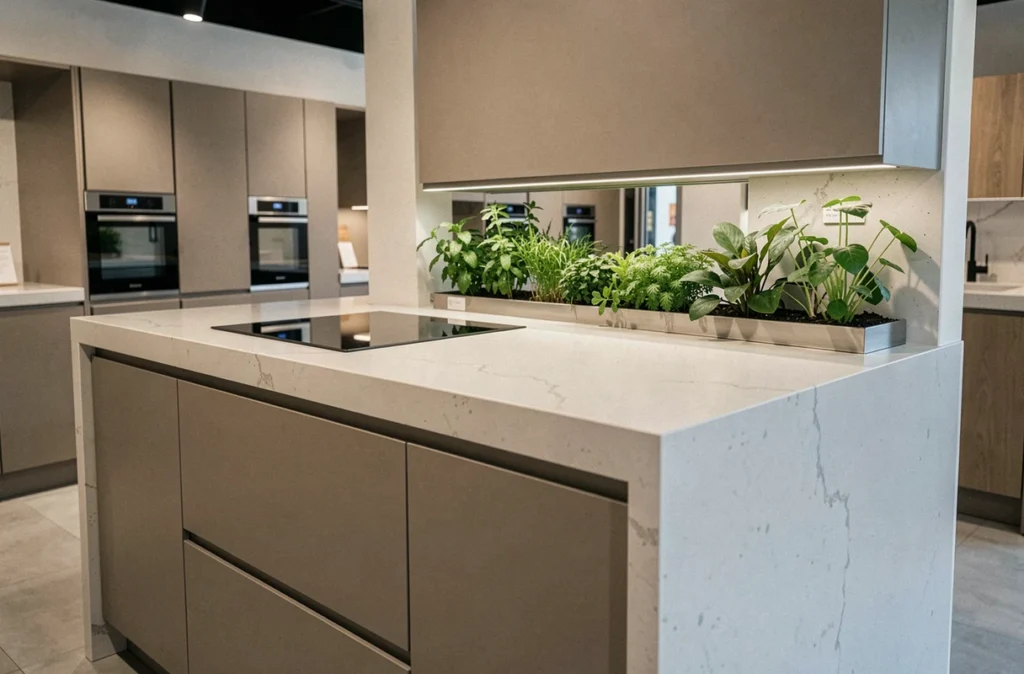 Cuisine moderne SoCoo'c Marseille avec façades greige sans poignées et plan de travail en quartz blanc