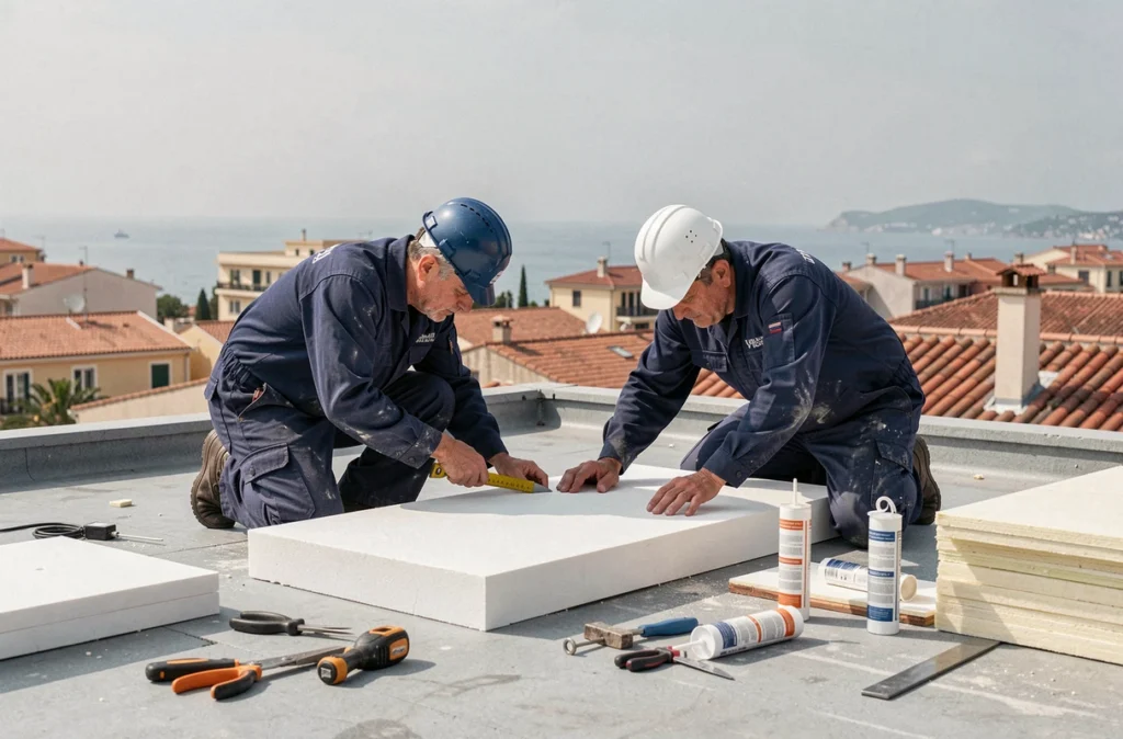 Deux ouvriers posant des panneaux d'isolation thermique sur une toiture-terrasse à Marseille dans les Bouches-du-Rhône
